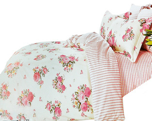 Kremowy komplet pościeli bawełnianej w paski i różowe kwiaty 3-cz. poszwa 160x200 cm + 2 x poszewki 70x80 cm