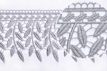 Szeroka szara taśma koronkowa żakardowa gipiura dekoracyjna ze wzorem w listki wys. 15 cm O