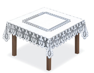 Biały kwadratowy obrus żakardowy koronkowy z szarym ozdobnym wzorem 140 cm x 140 cm