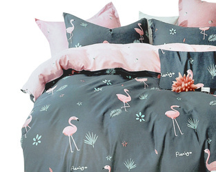 Grafitowo-różowy komplet pościeli bawełnianej w różowe flamingi 3-cz. poszwa 160 x 200 cm + 2 x poszewki 70 x 80 cm