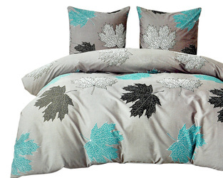 Szary komplet pościeli bawełnianej w białe, czarne i turkusowe liście  3-cz. poszwa 160x200 cm + 2 x poszewki 70x80 cm