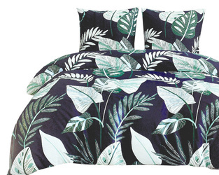 Granatowy komplet pościeli bawełnianej w zielone liście 3-cz. poszwa 160x200 cm + 2 x poszewki 70x80 cm