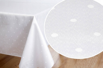 Gotowy obrus, bieżnik biały plamoodporny wzór w delikatne subtelne kropki 120 x 240 cm. wykończony wypaleniem o delikatnym wzorze