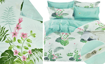 Seledynowy komplet pościeli w różowe kwiaty i zielone liście 3-cz. poszwa 200 x 220 cm + 2 x poszewki 70 x 80 cm