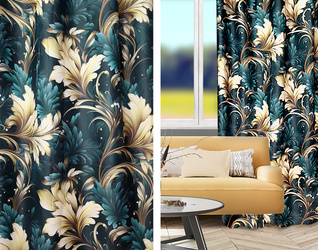 Tkanina zasłonowa ze wzorem roślinnym kwiaty niebieski granat złoty wys. 280 cm