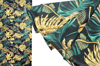 Wzorzysta tkanina zaciemniająca zasłonowa w ozdobne złote i zielone liście wys. 280 cm