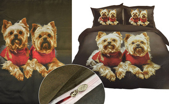 Brązowy komplet pościeli w małe pieski yorki 3-cz. poszwa 160x200 cm + 2 x poszewki 70x80 cm