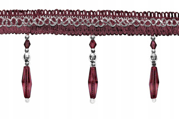 Taśma dekoracyjna, ozdobna z koralikami, kryształkami do firan zasłon obrusów paneli ekranów jako upięcia w kolorze bordowym z dodatkiem srebrnego  wys. 9,5 cm.