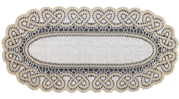 Kremowy obrus bieżnik żakardowy serweta z koronkowym ozdobnym wzorem kształt owal 60 x 120 cm