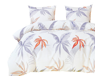 Biała pościel bawełniana w szary roślinny wzór 3-cz. poszwa 200x220 cm + 2 x poszewki 70x80 cm