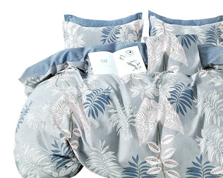 Szara pościel bawełniana w białe i niebieskie liście 3-cz. poszwa 200 x 220 cm + 2 x poszewki 70 x 80 cm