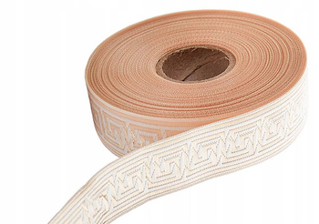 Żakardowa tkana beżowa taśma z dekoracyjnymi zdobieniami o o szer. 3,2 cm