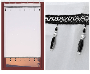 Biała gotowa firana ekran panelowy z delikatnego woalu z ozdobną czarno-srebrną taśmą z koralikamii 60 x 100 cm