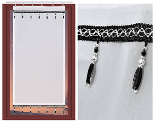 Biała gotowa firana ekran panelowy z delikatnego woalu z ozdobną czarno-srebrną taśmą z koralikami 50 x 110 cm