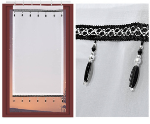 Biała gotowa firana ekran panelowy z delikatnego woalu z ozdobną czarno-srebrną taśmą z koralikami 50 x 100 cm