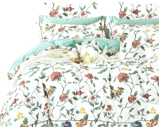 Biało-zielony komplet pościeli bawełnianej z kwiatowym wzorem 3-cz. poszwa 160x200 cm + 2 x poszewki 70x80 cm