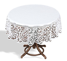 Biały okrągły obrus żakardowy koronkowy z ozdobnym wzorem średnica 120 cm
