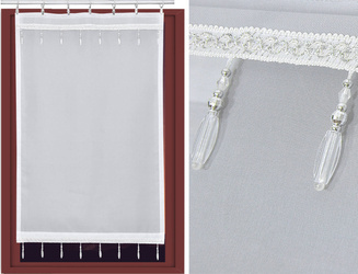 Biała gotowa firana ekran panelowy z delikatnego woalu z ozdobną biało-srebrną taśmą z koralikami  60 x 110 cm
