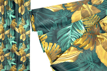 Zielona tkanina zasłonowa ze wzorem roślinnym w ozdobne złote liście wys. 280 cm