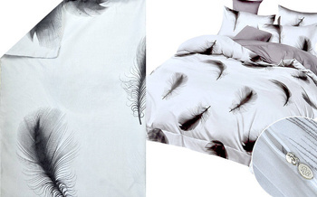 Biało-beżowy komplet pościeli w czarne pióra 3-cz. poszwa 200x220 cm + 2 x poszewki 70x80 cm