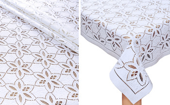 Biały obrus prostokątny żakardowy z miękkiej gipiury koronkowej 100 x 150 cm