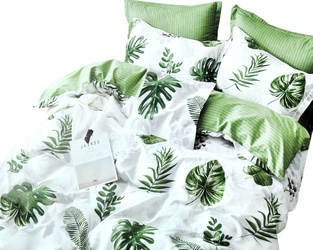 Biały komplet pościeli bawełnianej w zielone liście 3-cz. poszwa 160x200 cm + 2 x poszewki 70x80 cm
