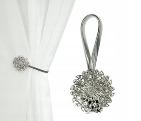 Srebrna klamra upinacz klips ozdobny z cyrkoniami i szarą tasiemką do firan i zasłon