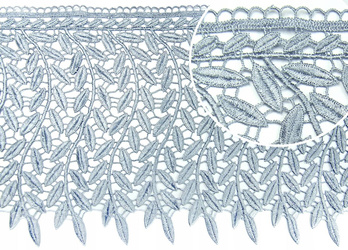 Szeroka szara taśma koronkowa żakardowa ze wzorem w listki gipiura dekoracyjna wys.29 cm X