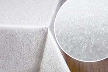 Biała tkanina obrusowa dekoracyjna z delikatnym wzorem do samodzielngo przycinania o szer. 170 cm