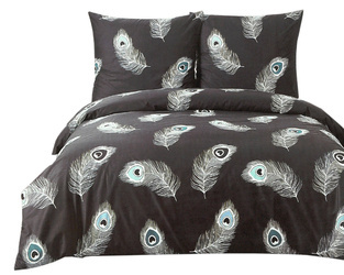Czarna pościel bawełniana w białe pawie pióra 3-cz. poszwa 200x220 cm + 2 x poszewki 70x80 cm