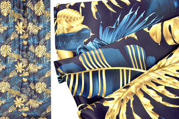 Tkanina zasłonowa ze wzorem roślinnym w ozdobne złote i niebieskie liście wys. 280 cm