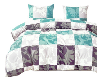 Pościel bawełniana w zielone, szare i fioletowe kwadraty z roślinnym wzorem 3-cz. poszwa 200 x 220 cm + 2 x poszewki 70 x 80 cm