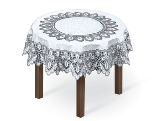 Biały okrągły obrus żakardowy koronkowy z szarym ozdobnym wzorem średnica 120 cm