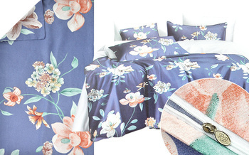 Niebieski komplet pościeli  w czerwone kwiaty 3-cz. poszwa 160x200 cm + 2 x poszewki 70x80 cm