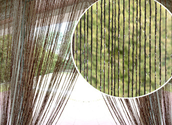 Gotowa brązowa firanka makaron z delikatnych sznurków ze srebrną nitką 300 x 250 cm