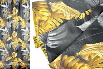 Szara tkanina zasłonowa ze wzorem roślinnym w ozdobne złote liście wys. 280 cm