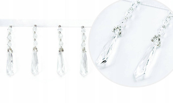 Taśma dekoracyjna, ozdobna z koralikami, kryształkami do firan zasłon obrusów paneli ekranów jako upięcia w kolorze białym, transparentnym  wys. 8,5 cm.