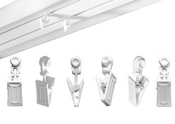 Plastikowe białe żabki obrotowe do szyny sufitowej do firan i zasłon